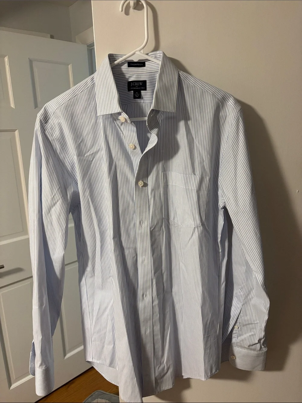 J. Crew Men’s White Shirt with Light Blue Pinstripes
